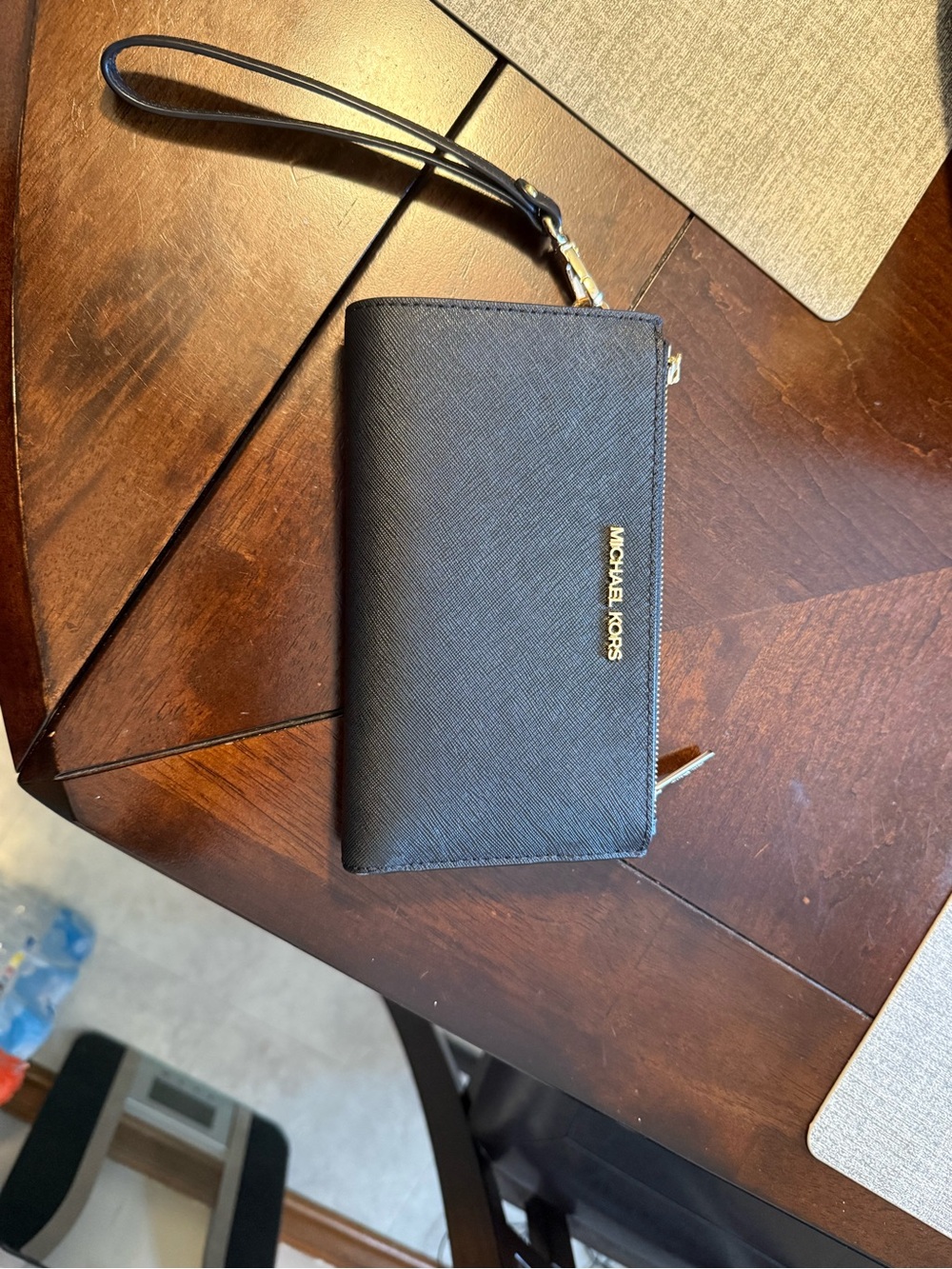 Michael Kors Black Saffiano Wristlet with Gold Logo